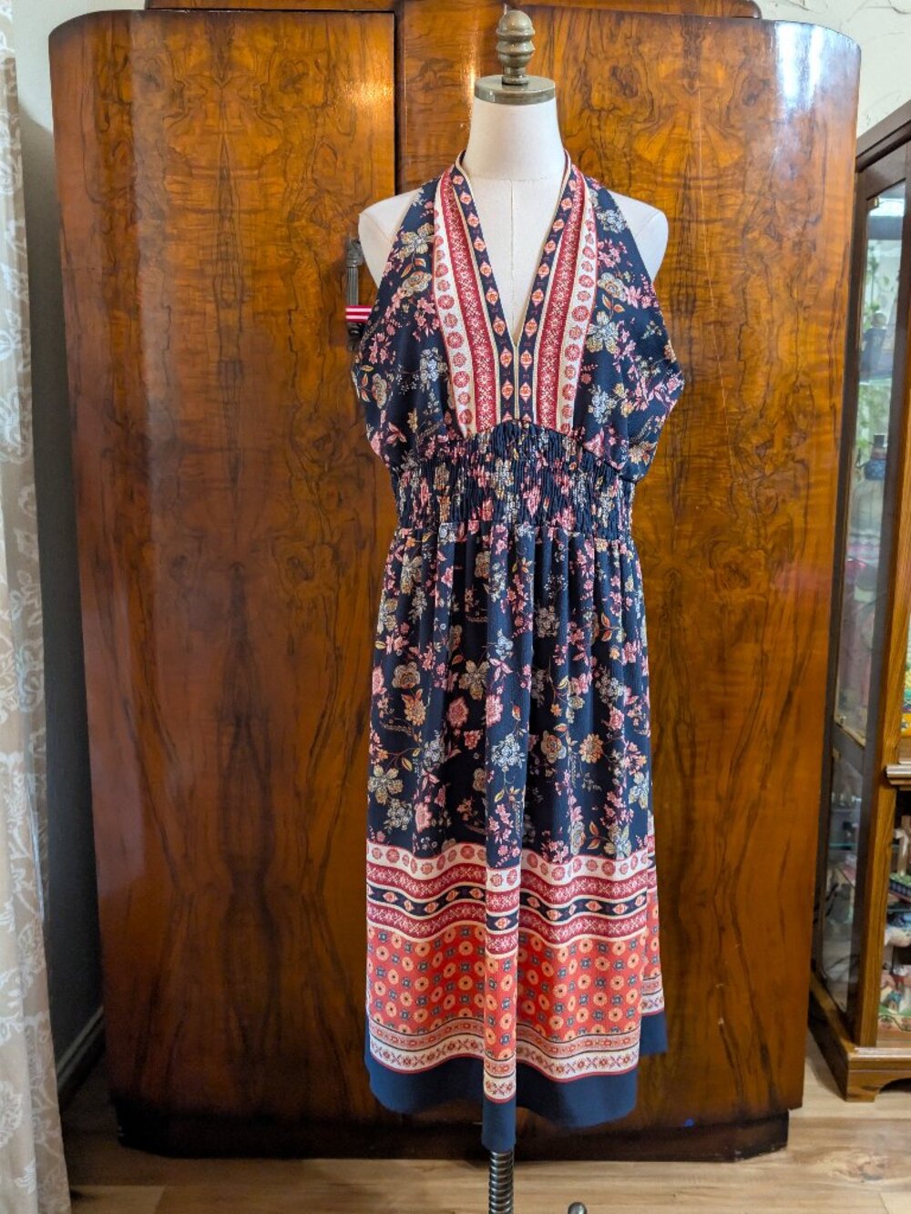 Gabby Skye Halter Midi Dress 16 Blue Floral V-Neck Smocked Waist Aztec Border